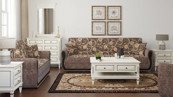 Modern design, Silver , Chenille upholstered convertible sleeper Sofabed with underseat storage from Victoria Urban by Ottomanson in living room lifestyle setting with another piece of furniture. This Sofabed measures 90 inches width by 28 inches depth by 38 inches height.