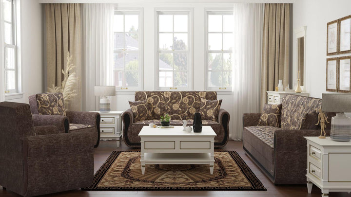 Modern design, Silver , Chenille upholstered convertible sleeper Sofabed with underseat storage from Victoria Urban by Ottomanson in living room lifestyle setting with the matching furniture set. This Sofabed measures 90 inches width by 28 inches depth by 38 inches height.