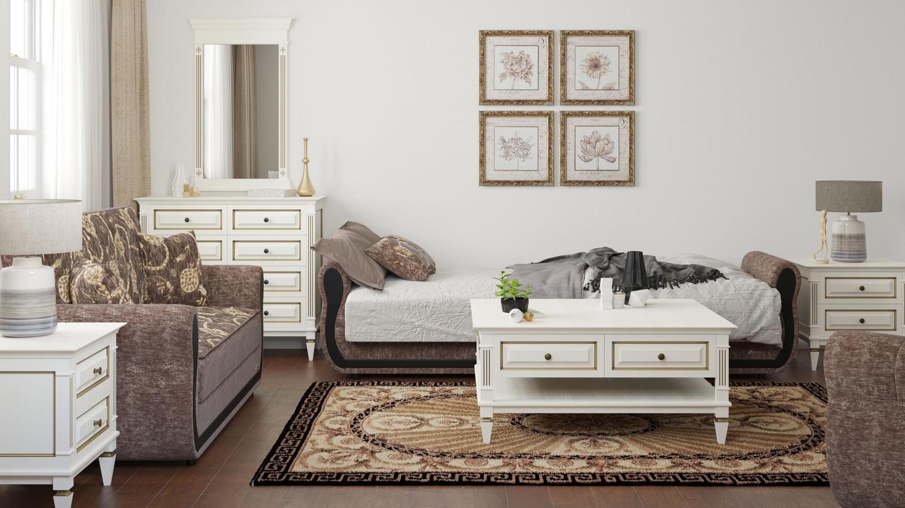 Modern design, Silver , Chenille  upholstered convertible sleeper Sofabed with underseat storage from Victoria Urban by Ottomanson in living room lifestyle setting converted to sleeper. This Sofabed measures 90 inches width by 28 inches depth by 38 inches height.