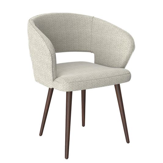 Napoli Barrel Back , Mid-Century Modern design, upholstered dining chair in Beige with Brown Wood legs in white background the front view.
