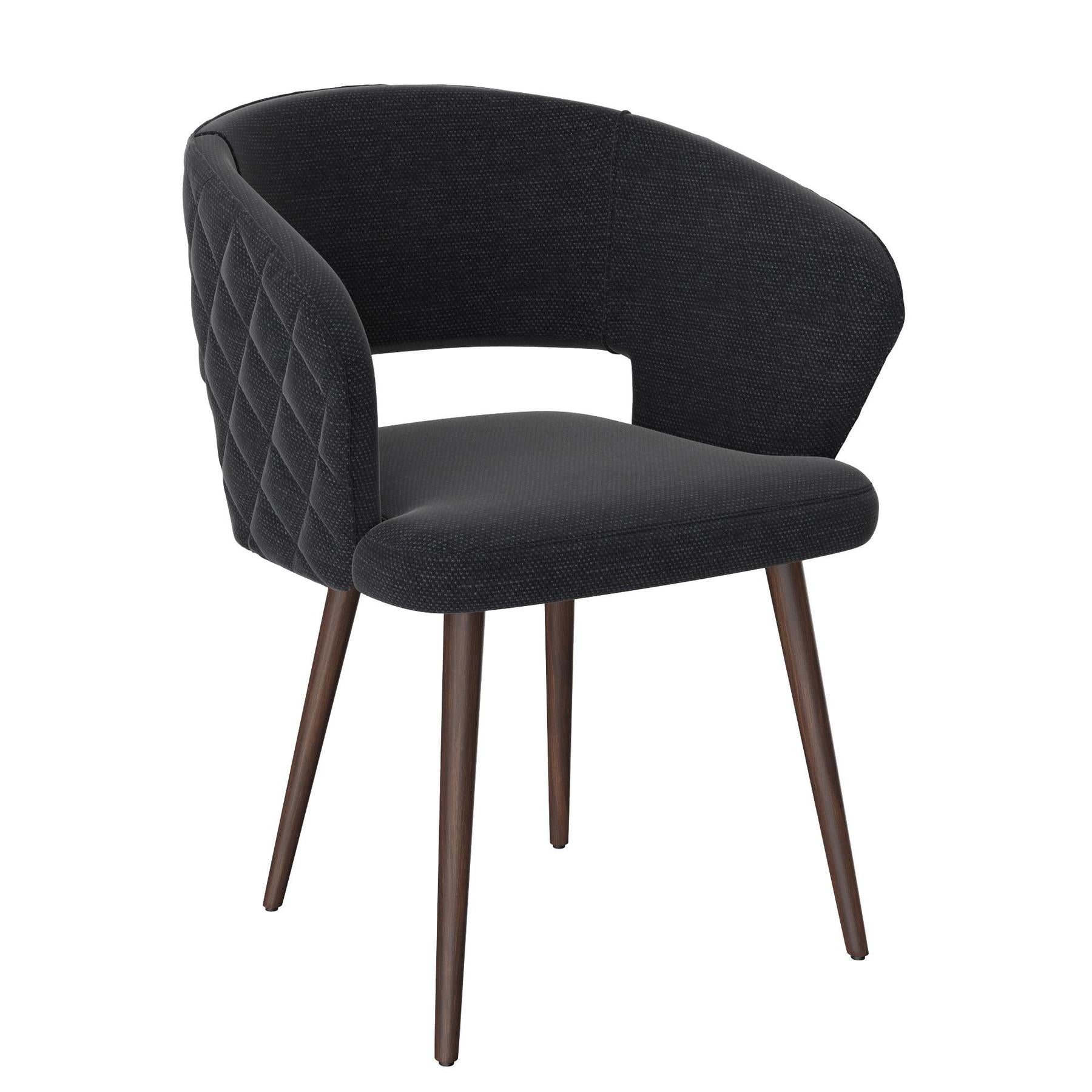 Napoli Barrel Back , Mid-Century Modern design, upholstered dining chair in Black with Brown Wood legs in white background the front view.