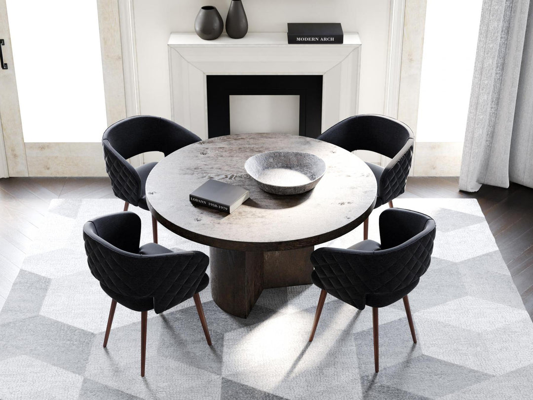 Napoli Barrel Back , Mid-Century Modern design, upholstered dining chair in Black with Brown Wood legs in a dining room with set of four chairs around a round table.