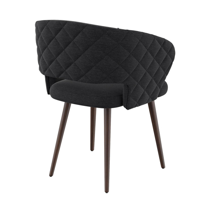 Napoli Barrel Back , Mid-Century Modern design, upholstered dining chair in Black with Brown Wood legs in white background the back view.