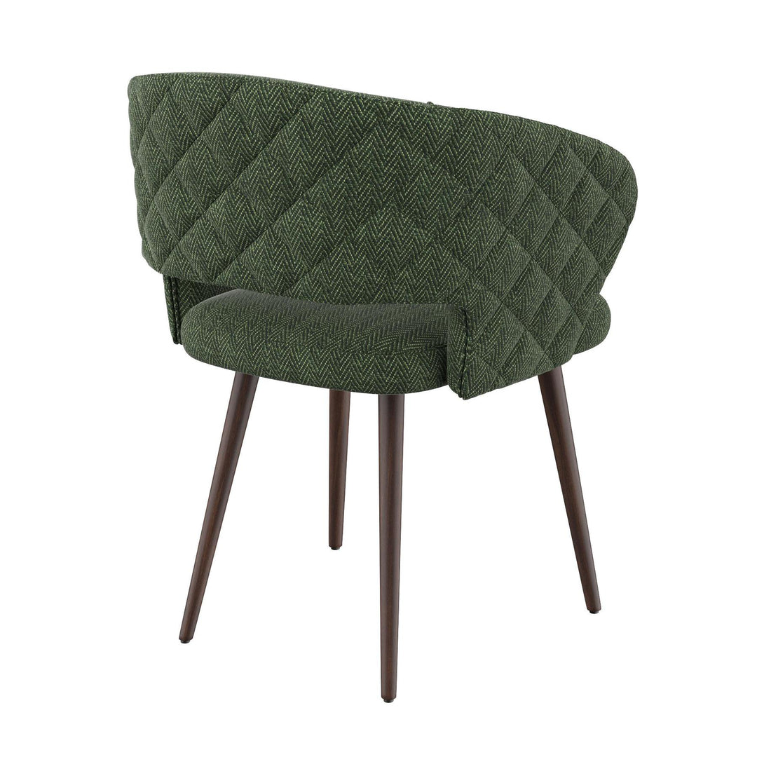 Napoli Barrel Back , Mid-Century Modern design, upholstered dining chair in Green with Brown Wood legs in white background the back view.