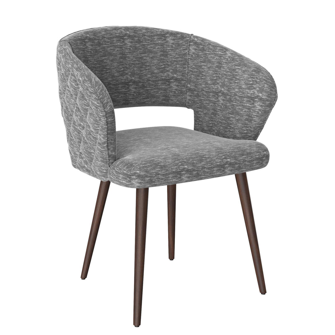 Napoli Barrel Back , Mid-Century Modern design, upholstered dining chair in Gray with Brown Wood legs in white background the front view.