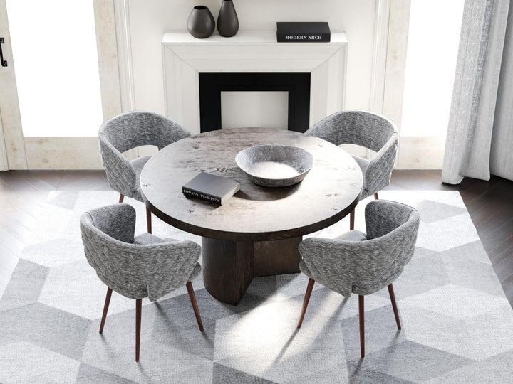 Napoli Barrel Back , Mid-Century Modern design, upholstered dining chair in Gray with Brown Wood legs in a dining room with set of four chairs around a round table.