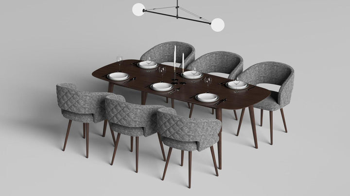 Napoli Barrel Back , Mid-Century Modern design, upholstered dining chair in Gray with Brown Wood legs in a dining room for a large gathering setup.