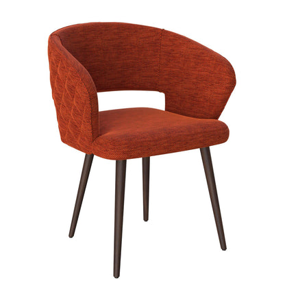 Napoli Barrel Back , Mid-Century Modern design, upholstered dining chair in Terracotta with Brown Wood legs in white background the front view.
