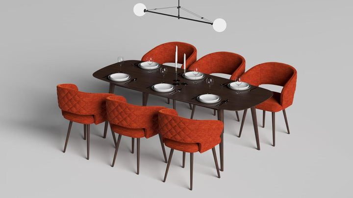 Napoli Barrel Back , Mid-Century Modern design, upholstered dining chair in Terracotta with Brown Wood legs in a dining room for a large gathering setup.