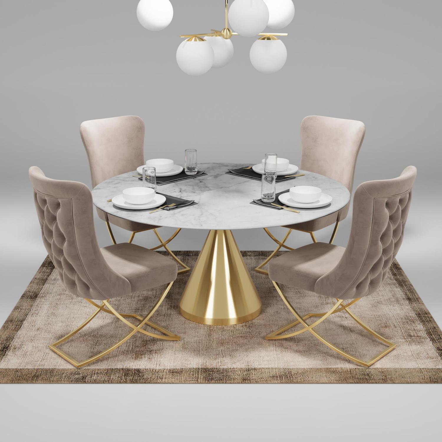Sultan Collection Wing Back, Modern design, upholstered dining chair in Pearled Ivory with Gold Metal legs in a dining room with set of four chairs around a round table.
