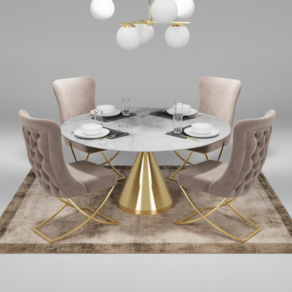 Sultan Collection Wing Back, Modern design, upholstered dining chair in Pearled Ivory with Gold Metal legs in a dining room with set of four chairs around a round table.
