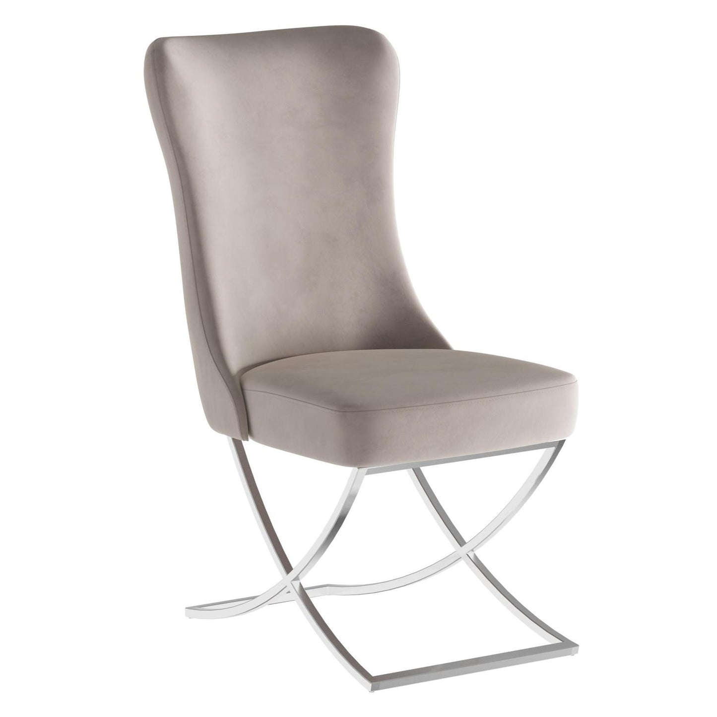Sultan Collection Wing Back, Modern design, upholstered dining chair in Pearled Ivory with Silver Metal legs in white background the front view.