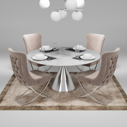 Sultan Collection Wing Back, Modern design, upholstered dining chair in Pearled Ivory with Silver Metal legs in a dining room with set of four chairs around a round table.