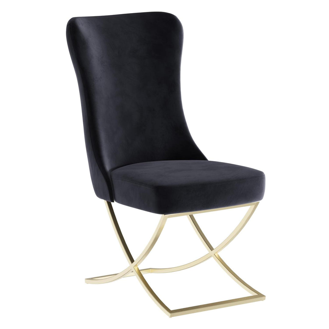 Sultan Wing Back , Modern design, upholstered dining chair in Black with Gold Metal legs in white background the front view.
