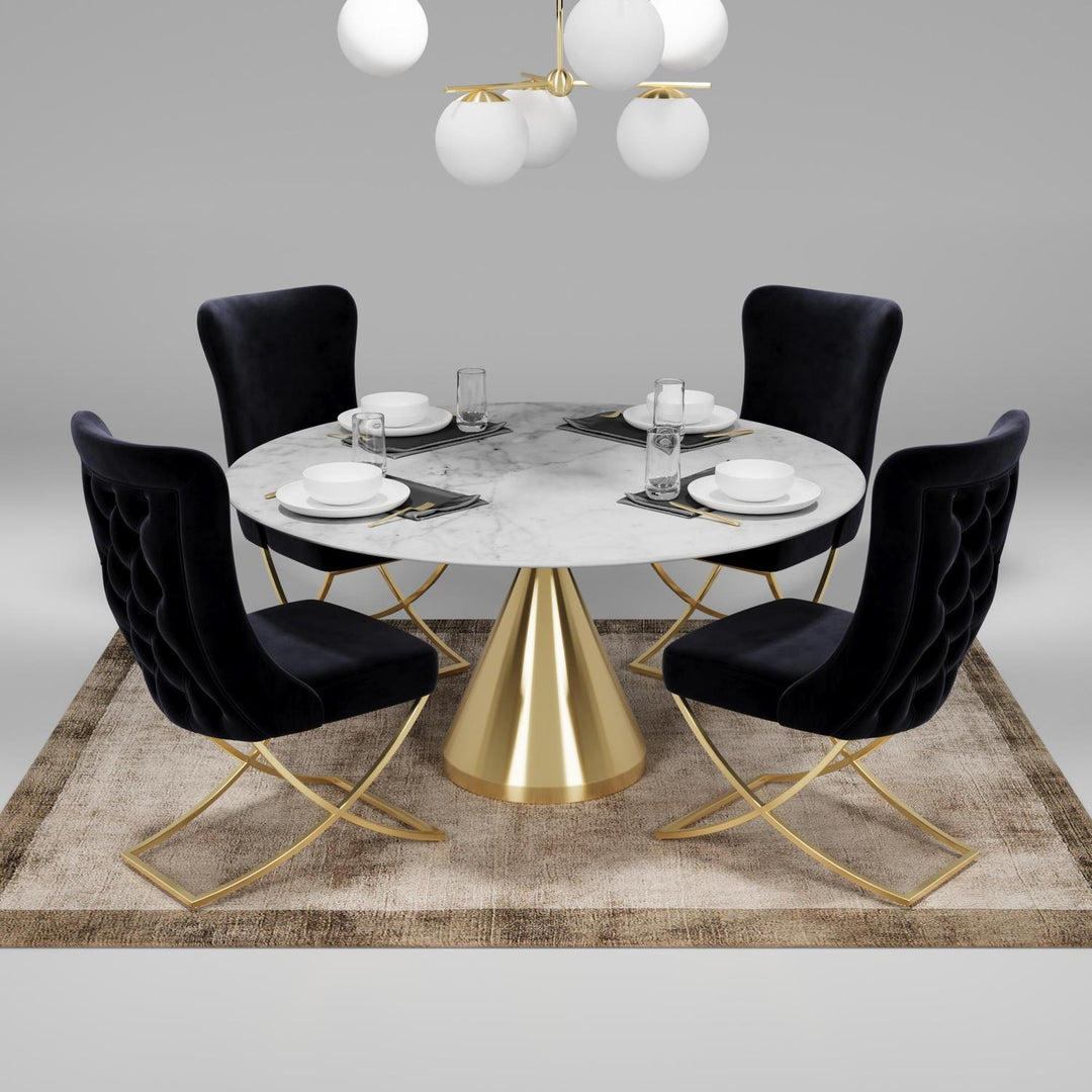 Sultan Wing Back , Modern design, upholstered dining chair in Black with Gold Metal legs in a dining room with set of four chairs around a round table.