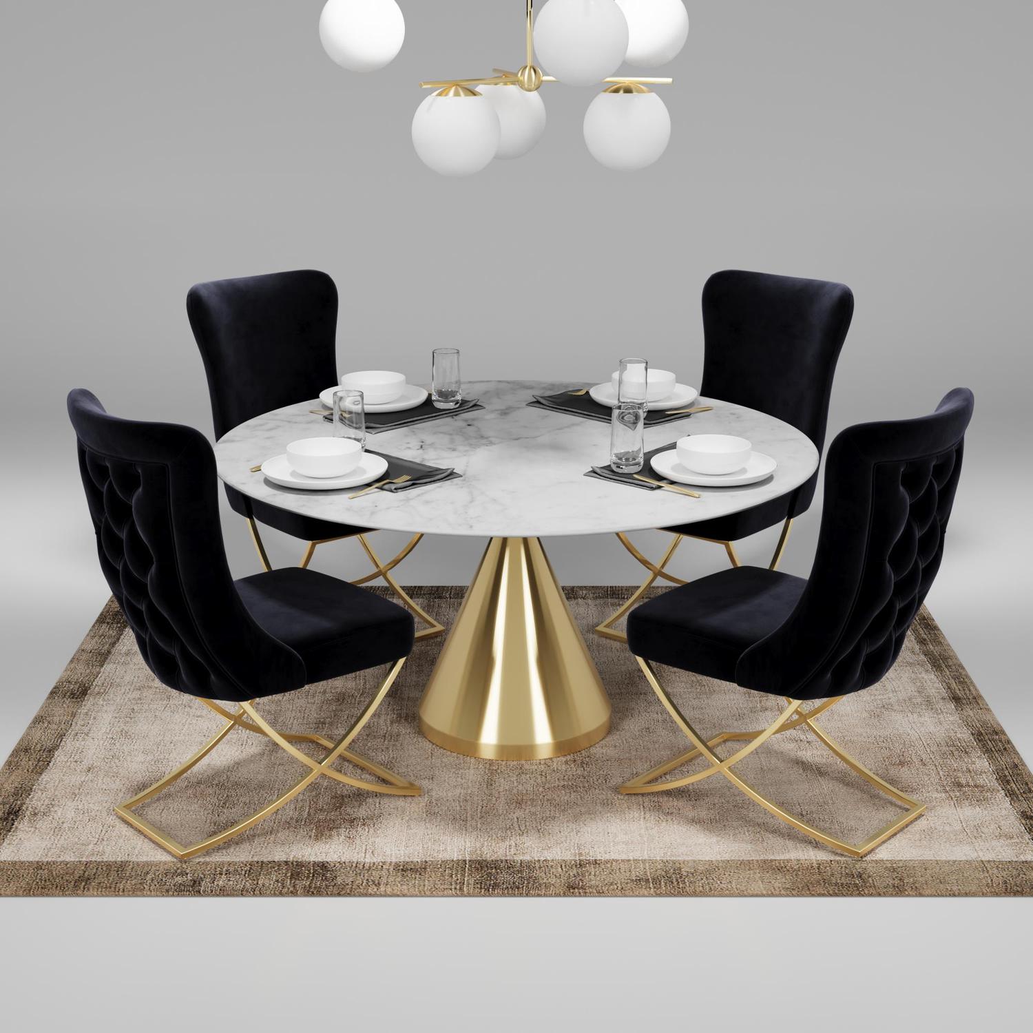 Sultan Collection Wing Back, Modern design, upholstered dining chair in Black with Gold Metal legs in a dining room with set of four chairs around a round table.