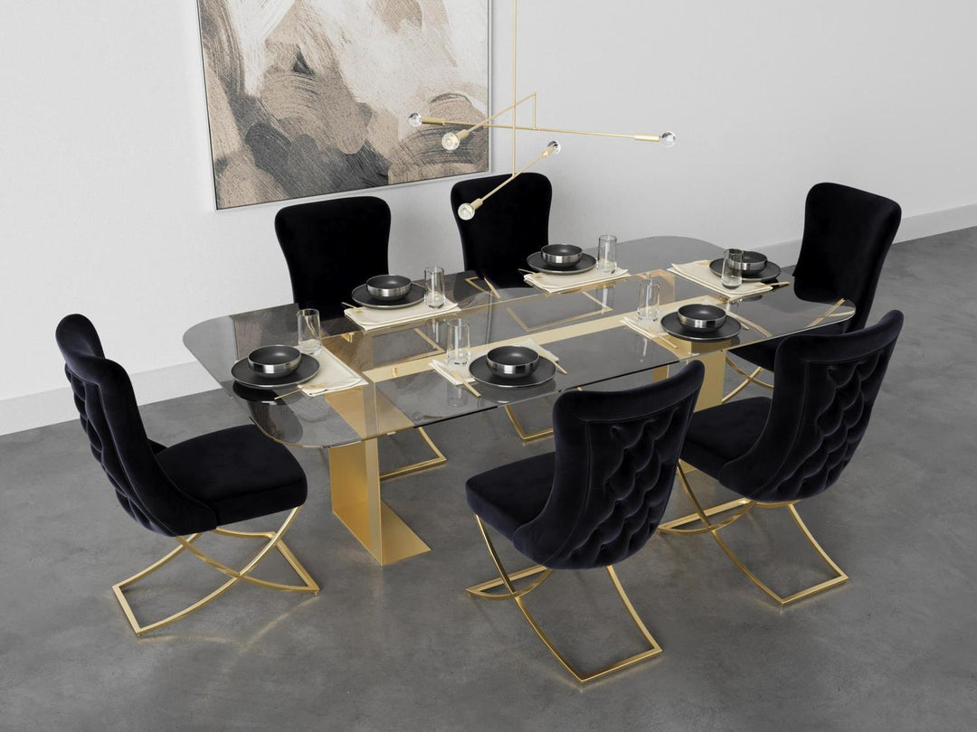 Sultan Wing Back , Modern design, upholstered dining chair in Black with Gold Metal legs in a dining room for a large gathering setup.