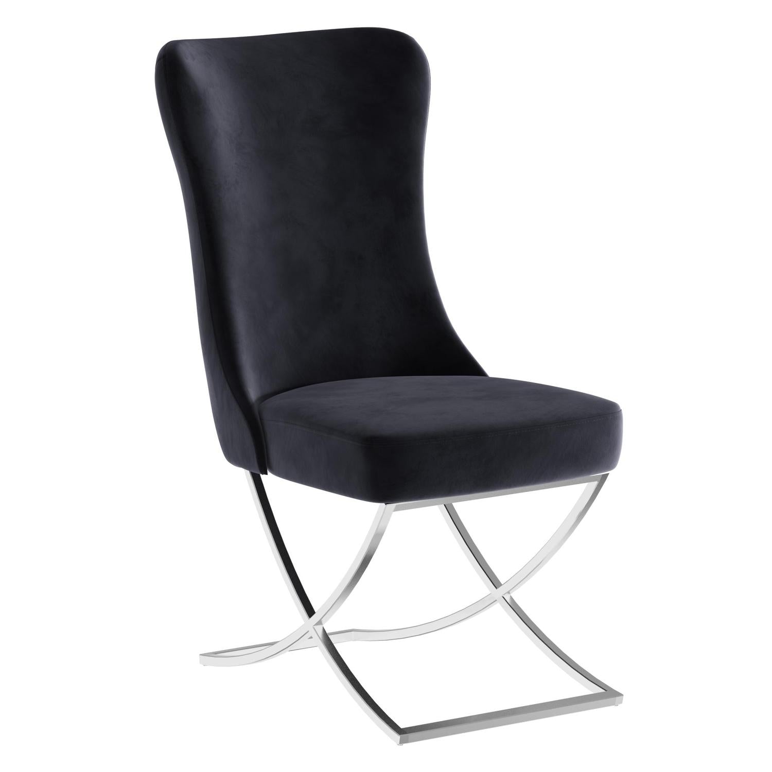 Sultan Collection Wing Back, Modern design, upholstered dining chair in Black with Silver Metal legs in white background the front view.