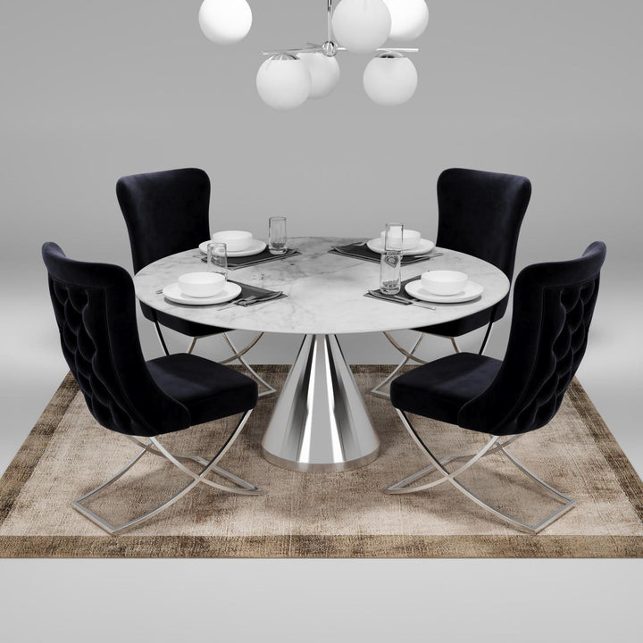 Sultan Wing Back , Modern design, upholstered dining chair in Black with Silver Metal legs in a dining room with set of four chairs around a round table.