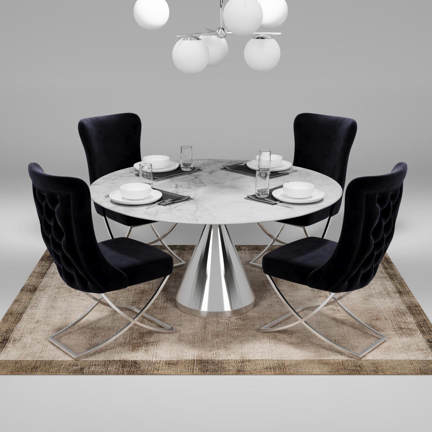 Sultan Collection Wing Back, Modern design, upholstered dining chair in Black with Silver Metal legs in a dining room with set of four chairs around a round table.