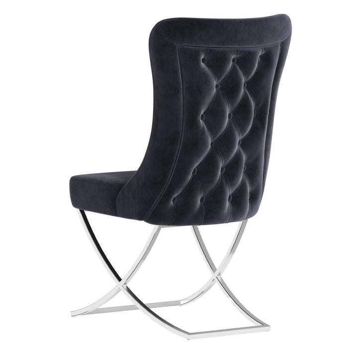 Sultan Wing Back , Modern design, upholstered dining chair in Black with Silver Metal legs in white background the back view.