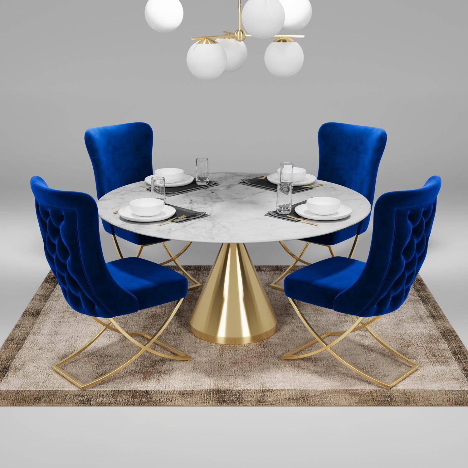 Sultan Collection Wing Back, Modern design, upholstered dining chair in Imperial Blue with Gold Metal legs in a dining room with set of four chairs around a round table.