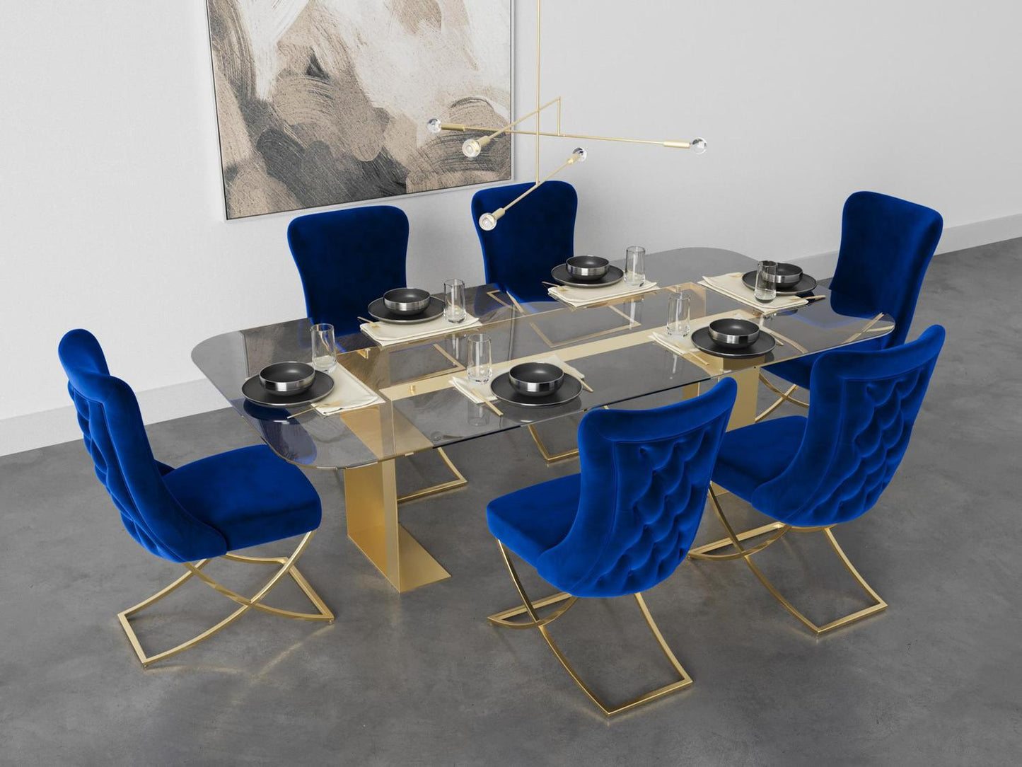 Sultan Collection Wing Back, Modern design, upholstered dining chair in Imperial Blue with Gold Metal legs in a dining room for a large gathering setup.