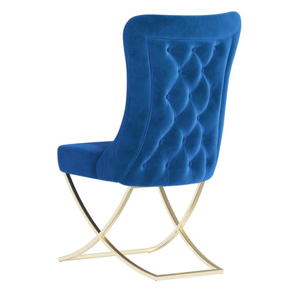 Sultan Collection Wing Back, Modern design, upholstered dining chair in Imperial Blue with Gold Metal legs in white background the back view.
