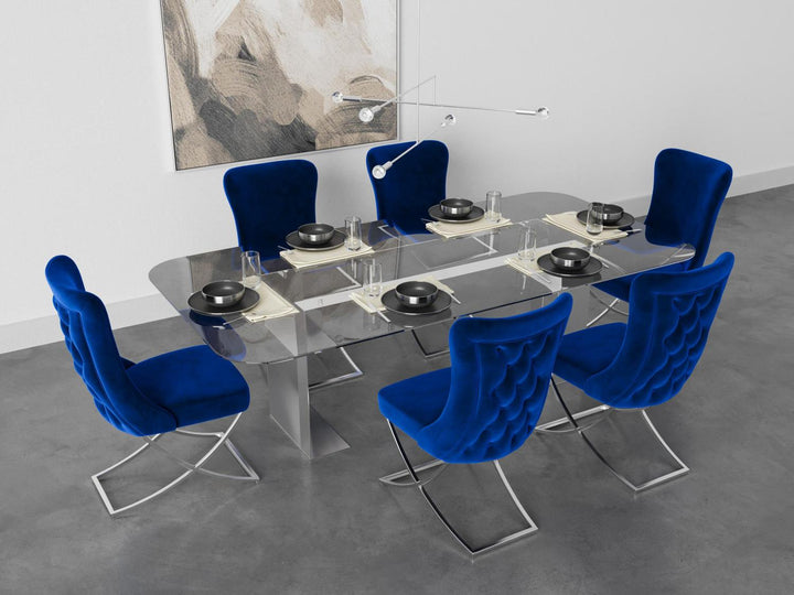 Sultan Wing Back , Modern design, upholstered dining chair in Imperial Blue with Silver Metal legs in a dining room for a large gathering setup.
