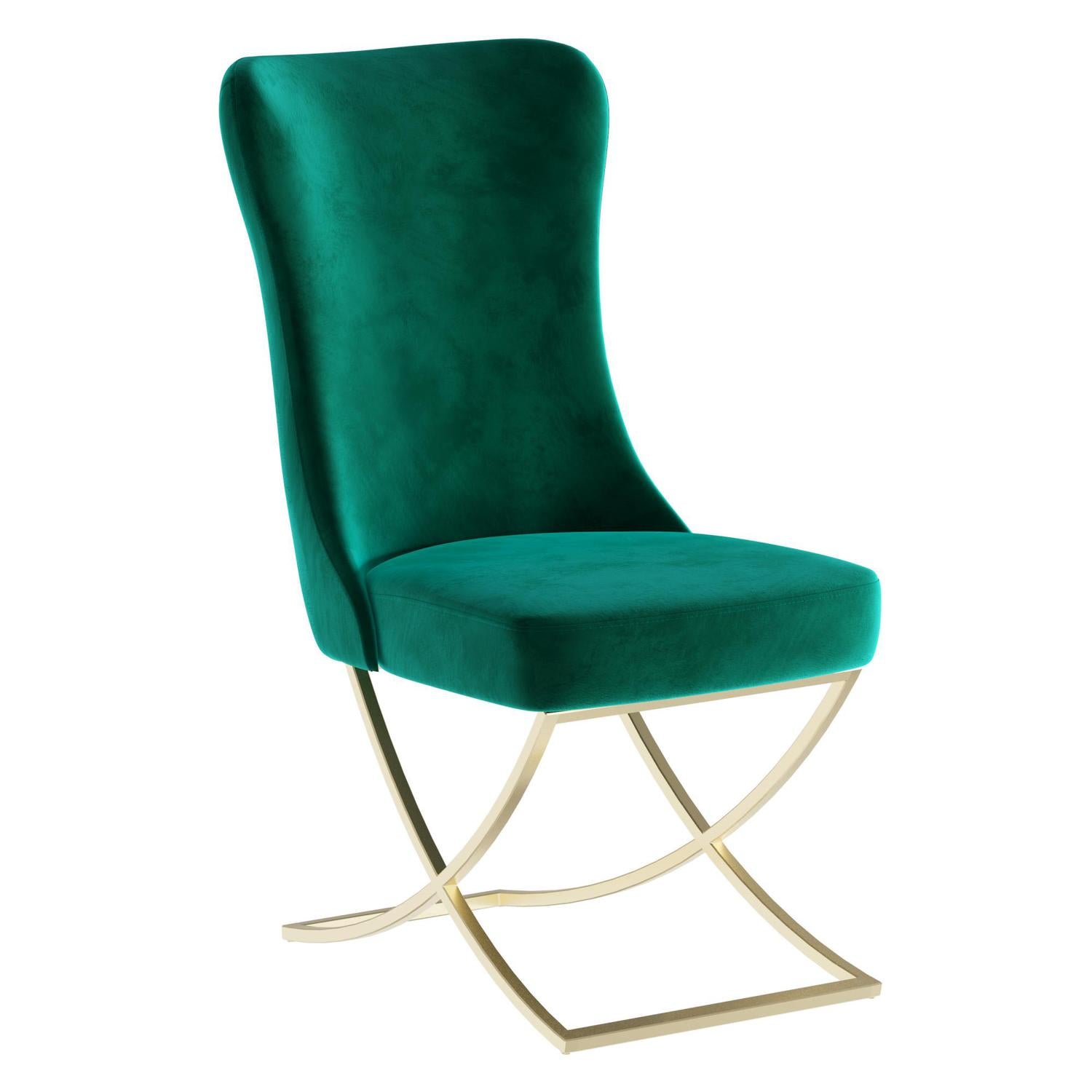 Sultan Collection Wing Back, Modern design, upholstered dining chair in Emerald Green with Gold Metal legs in white background the front view.