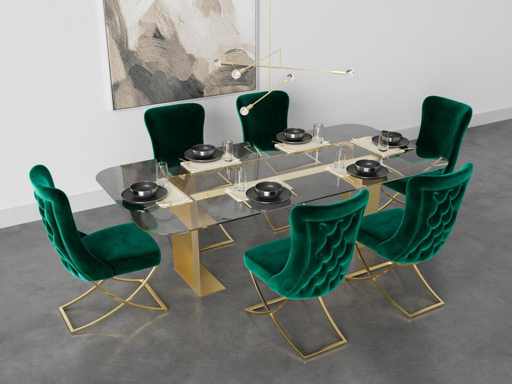 Sultan Wing Back , Modern design, upholstered dining chair in Emerald Green with Gold Metal legs in a dining room for a large gathering setup.