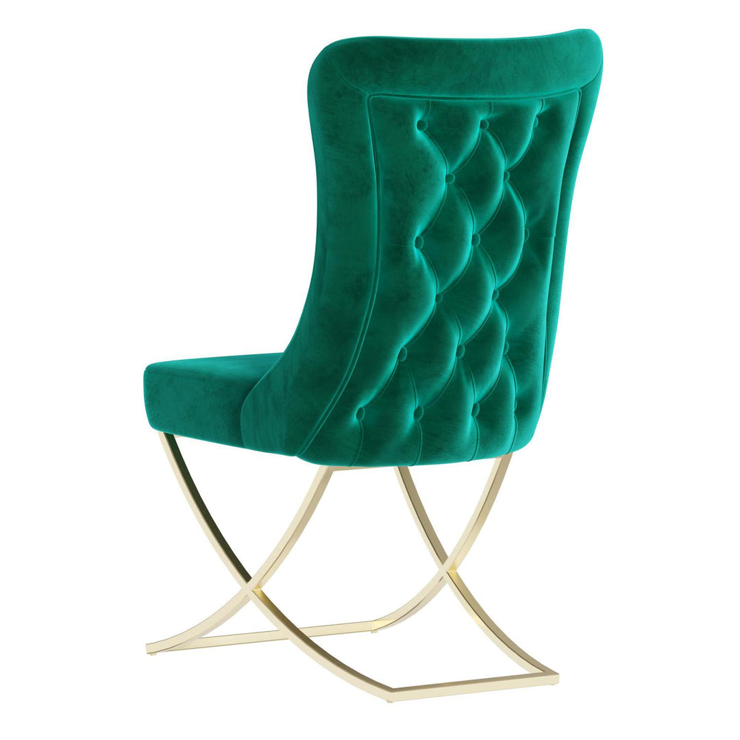 Sultan Wing Back , Modern design, upholstered dining chair in Emerald Green with Gold Metal legs in white background the back view.