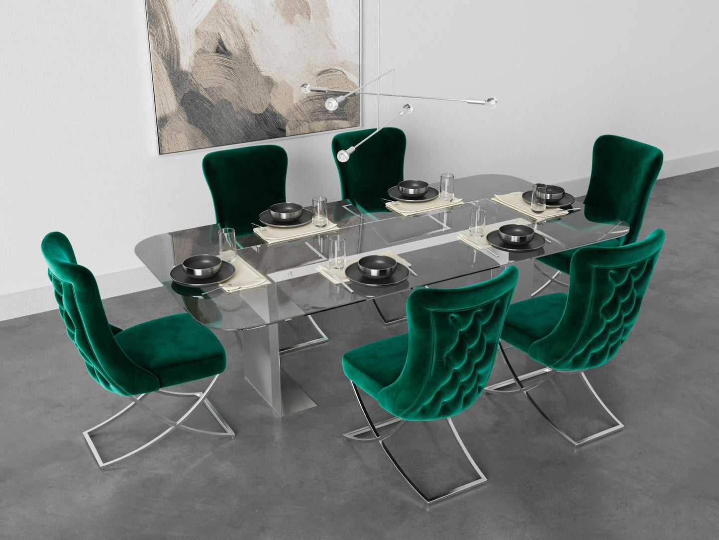 Sultan Collection Wing Back, Modern design, upholstered dining chair in Emerald Green with Silver Metal legs in a dining room for a large gathering setup.