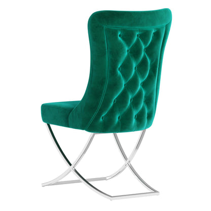 Sultan Collection Wing Back, Modern design, upholstered dining chair in Emerald Green with Silver Metal legs in white background the back view.