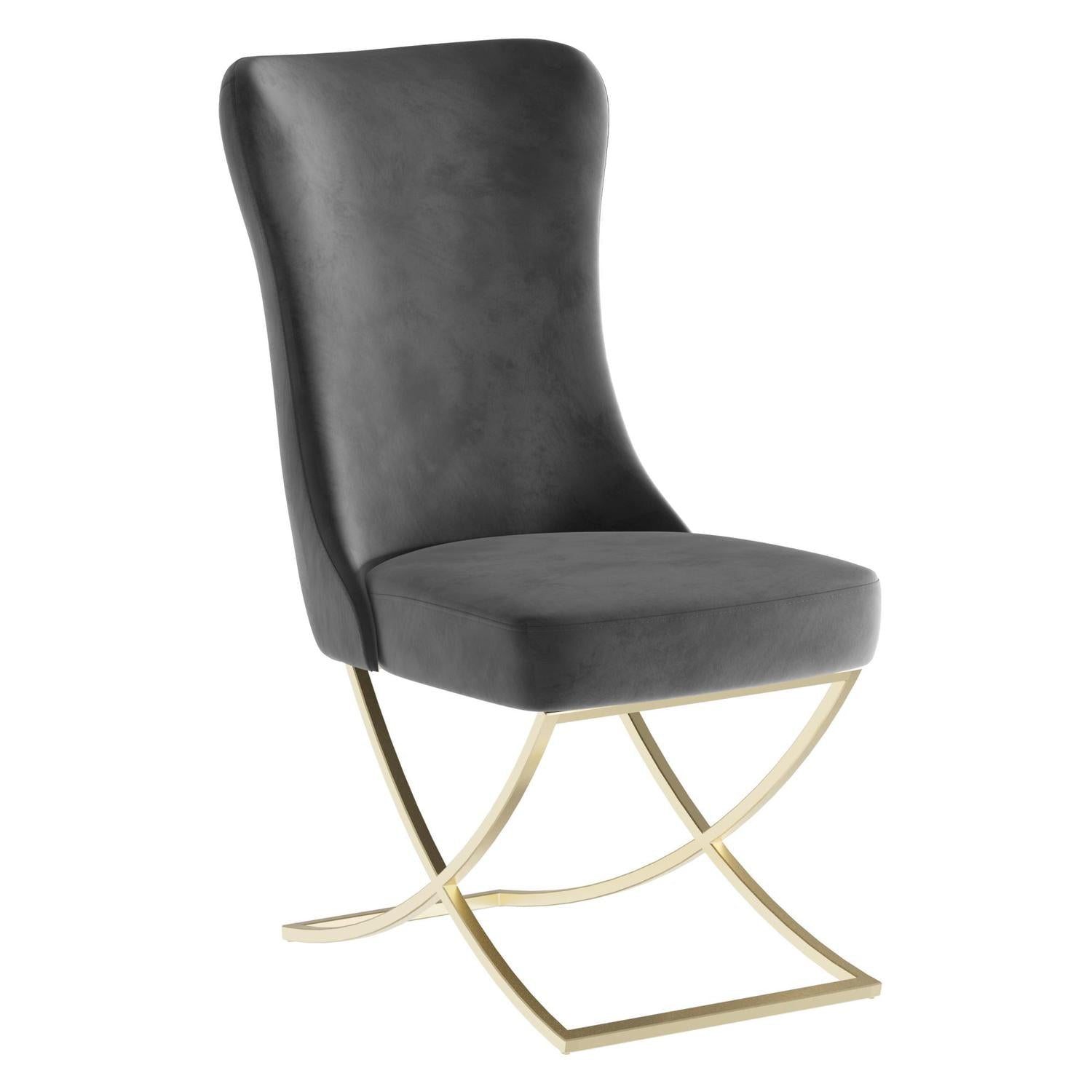 Sultan Collection Wing Back, Modern design, upholstered dining chair in Charcoal Gray with Gold Metal legs in white background the front view.