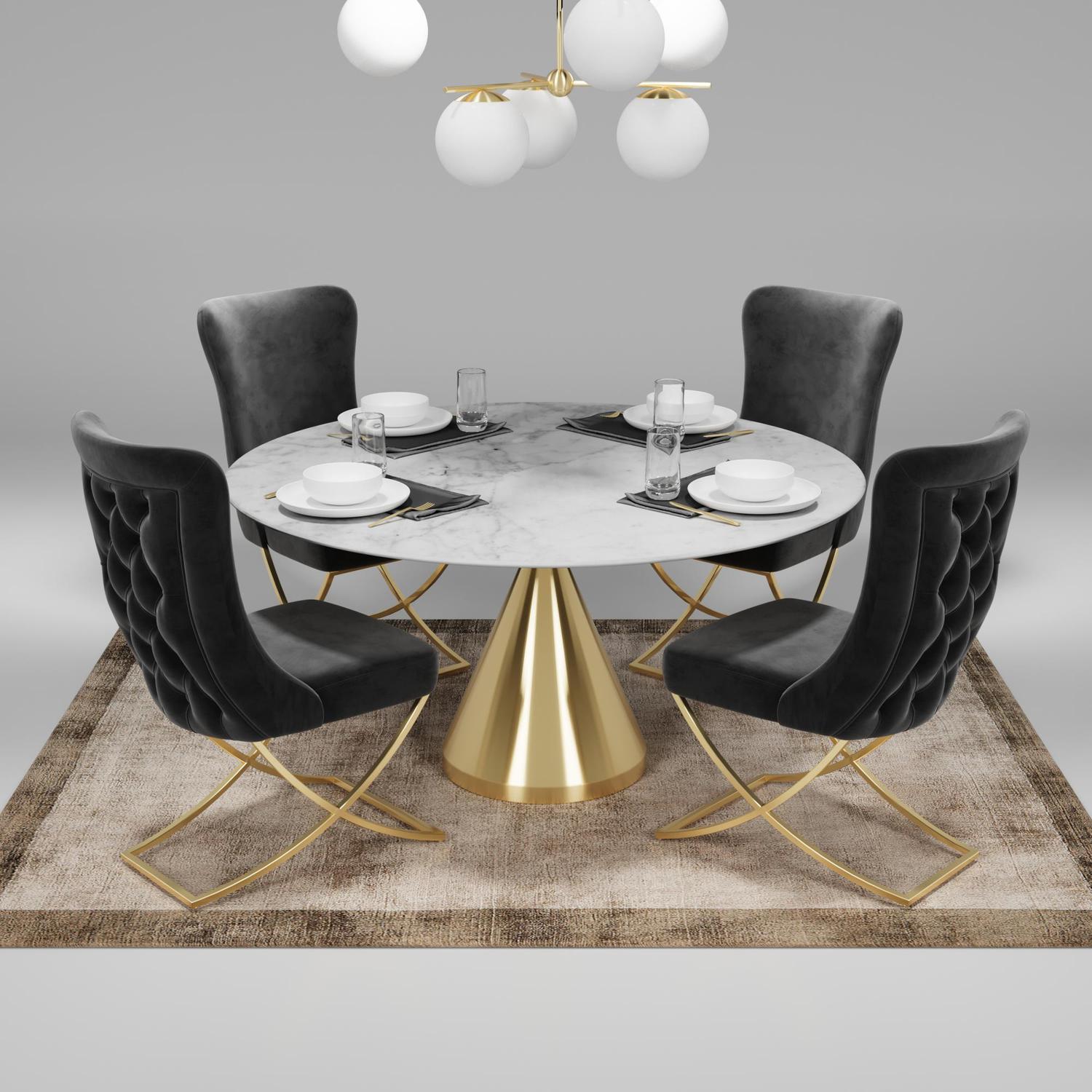 Sultan Collection Wing Back, Modern design, upholstered dining chair in Charcoal Gray with Gold Metal legs in a dining room with set of four chairs around a round table.