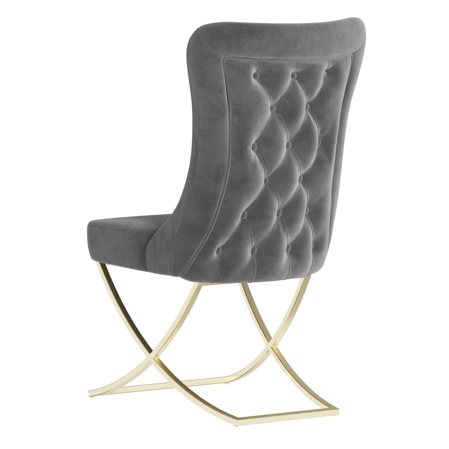 Sultan Collection Wing Back, Modern design, upholstered dining chair in Charcoal Gray with Gold Metal legs in white background the back view.
