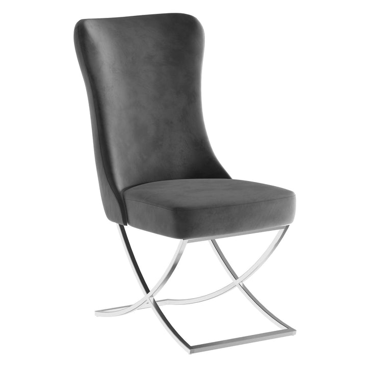 Sultan Wing Back , Modern design, upholstered dining chair in Charcoal Gray with Silver Metal legs in white background the front view.