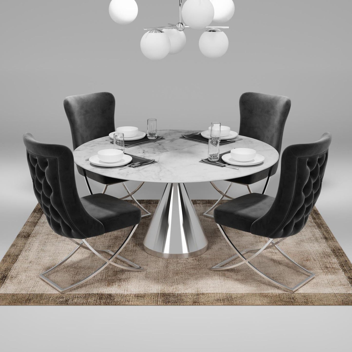 Sultan Collection Wing Back, Modern design, upholstered dining chair in Charcoal Gray with Silver Metal legs in a dining room with set of four chairs around a round table.