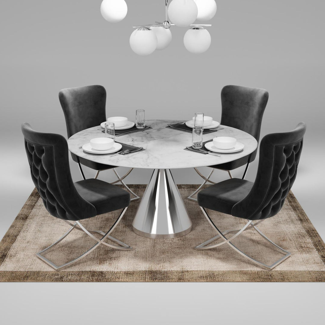 Sultan Wing Back , Modern design, upholstered dining chair in Charcoal Gray with Silver Metal legs in a dining room with set of four chairs around a round table.