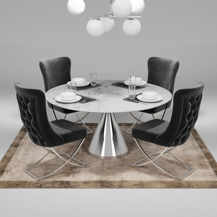 Sultan Wing Back , Modern design, upholstered dining chair in Charcoal Gray with Silver Metal legs in a dining room with set of four chairs around a round table.