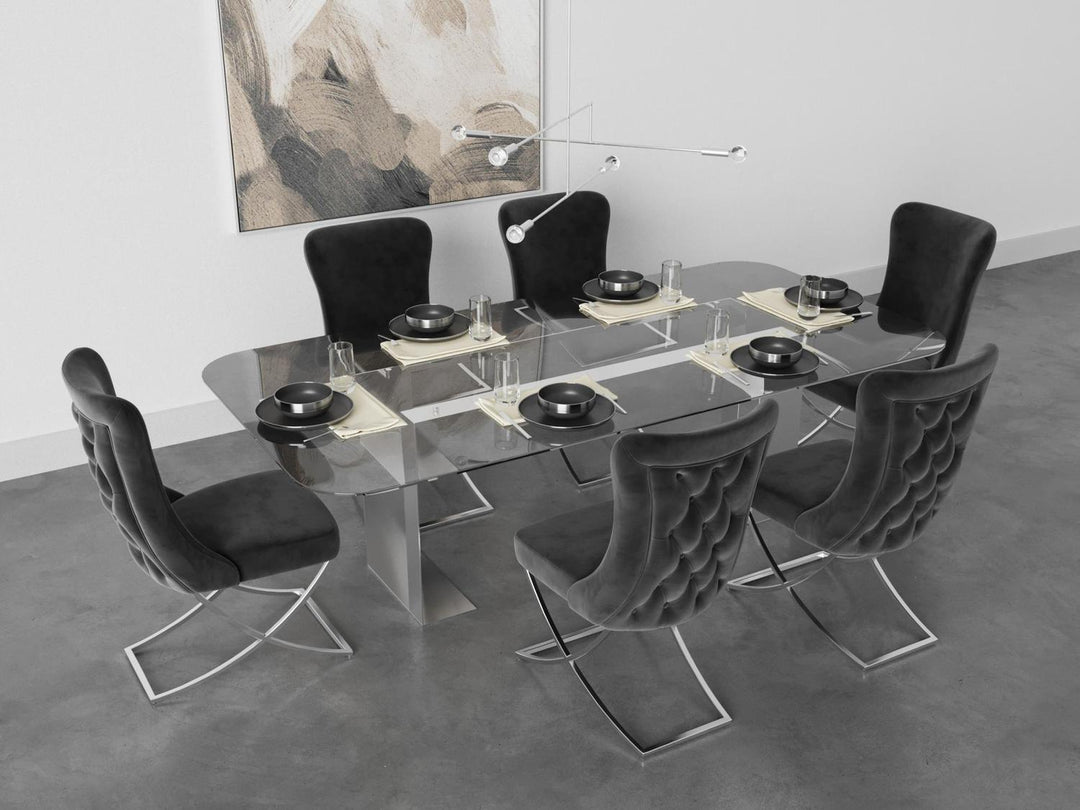 Sultan Wing Back , Modern design, upholstered dining chair in Charcoal Gray with Silver Metal legs in a dining room for a large gathering setup.