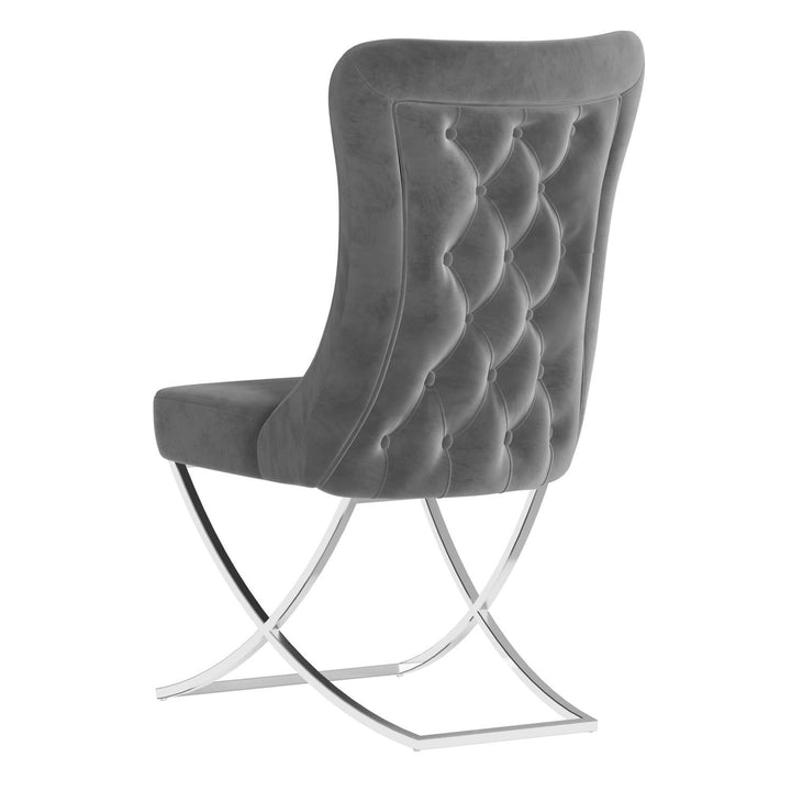 Sultan Wing Back , Modern design, upholstered dining chair in Charcoal Gray with Silver Metal legs in white background the back view.